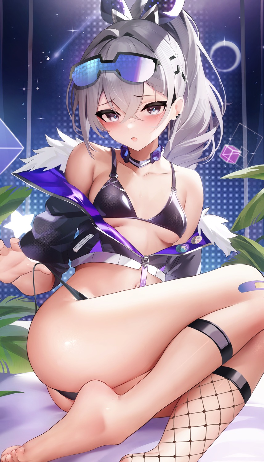 bra fantongjun fishnets honkai:_star_rail megane open_shirt pantsu silver_wolf_(honkai:_star_rail) string_panties thong undressing