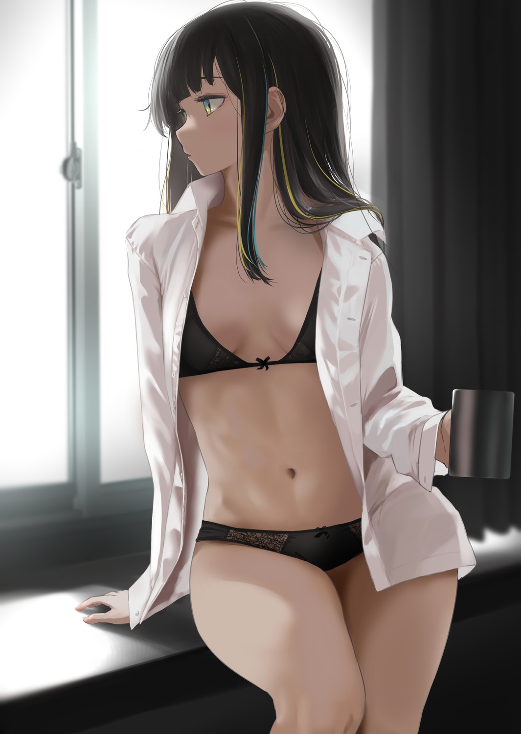 bra dress_shirt open_shirt pantsu see_through tama_(seiga46239239)