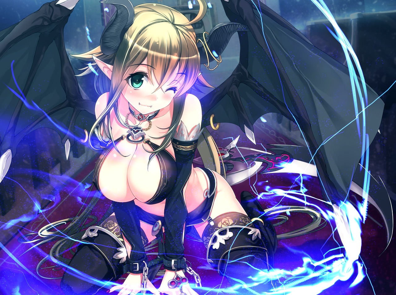 cleavage devil erect_nipples horns meiyaku_no_guardian_knights pointy_ears stockings thighhighs wings yamacchi