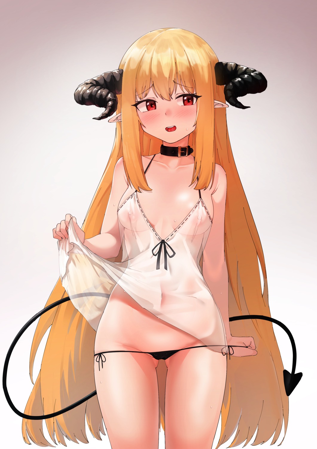 horns lingerie nipples no_bra pantsu panty_pull pointy_ears see_through skirt_lift string_panties tail undressing wweed