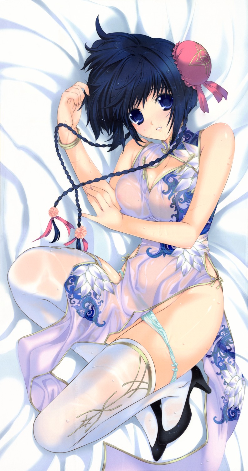 chinadress cleavage iizuki_tasuku pantsu panty_pull see_through stick_poster thighhighs wet_clothes