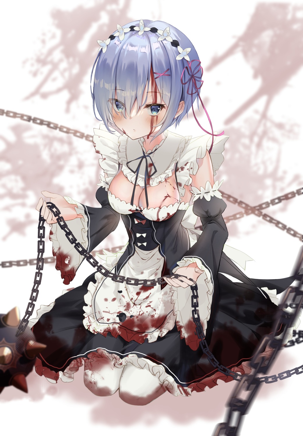 azusa_(980650076) blood maid no_bra re_zero_kara_hajimeru_isekai_seikatsu rem_(re_zero) weapon