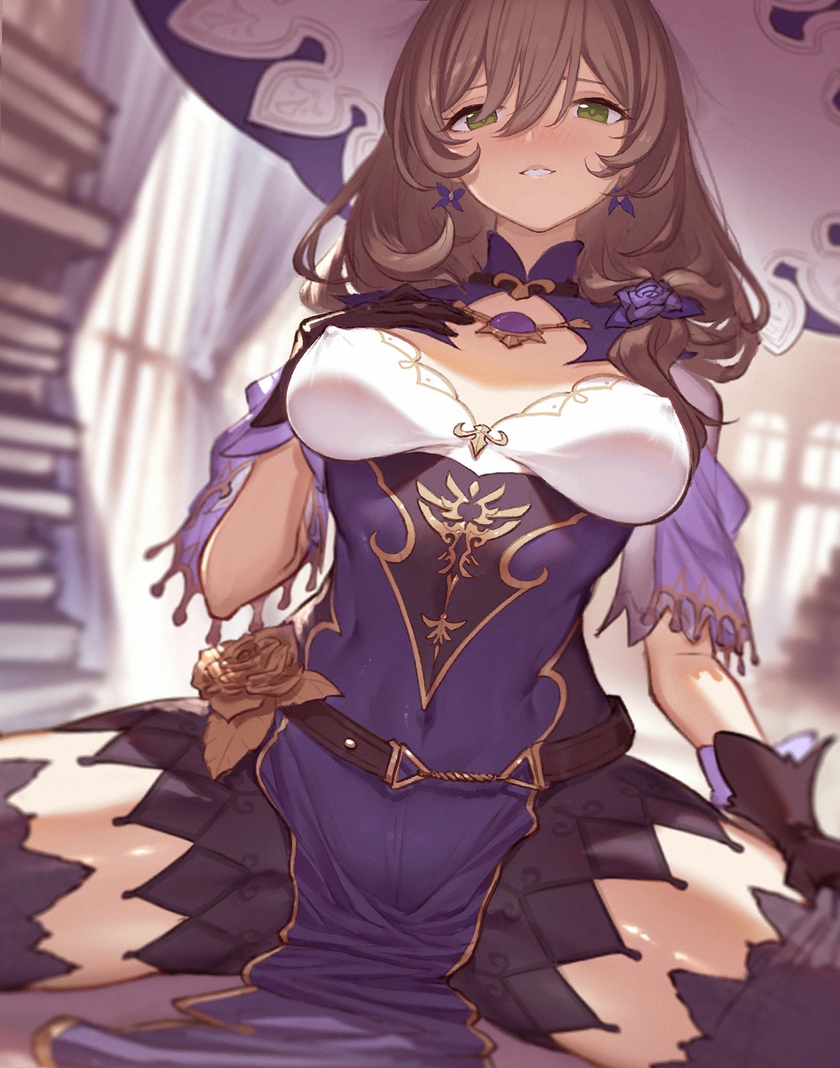 artist_revision cleavage dress erect_nipples genshin_impact lisa_(genshin_impact) no_bra sanooxo thighhighs witch