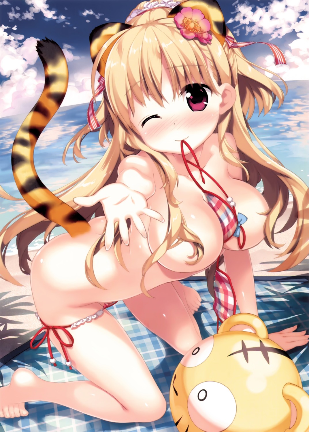 animal_ears bikini fujima_takuya panty_pull swimsuits tail topless toranoana
