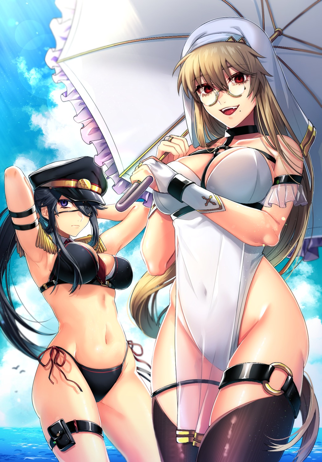 bikini cleavage eyepatch garter megane see_through swimsuits tatsuuma_daisuke thighhighs umbrella