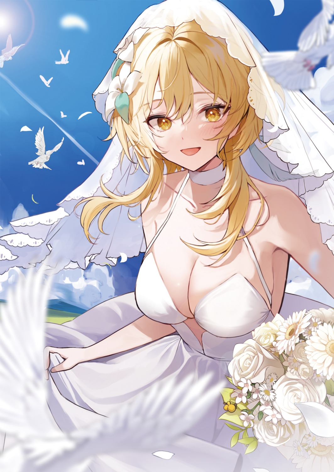 dress genshin_impact lumine no_bra skirt_lift wedding_dress yuna_(deadawon)