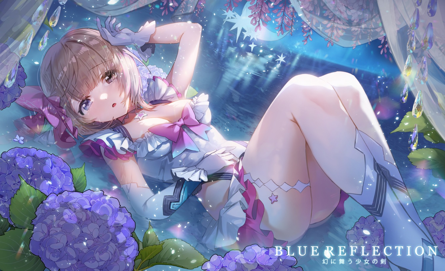 apple_caramel blue_reflection cleavage garter heterochromia shirai_hinako wet wet_clothes