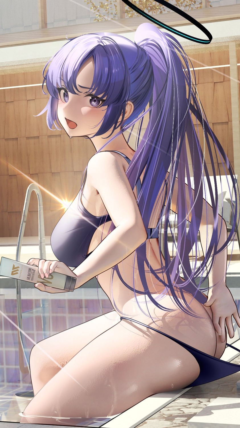 ass bikini blue_archive halo hayase_yuuka nanaken_nana panty_pull swimsuits wardrobe_malfunction wet