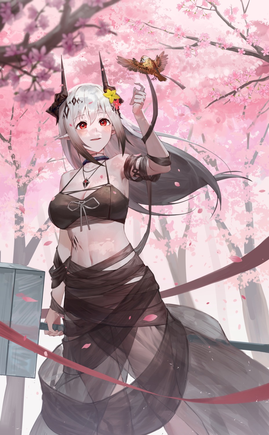 arknights horns mudrock_(arknights) no_bra pointy_ears see_through uh9 weapon