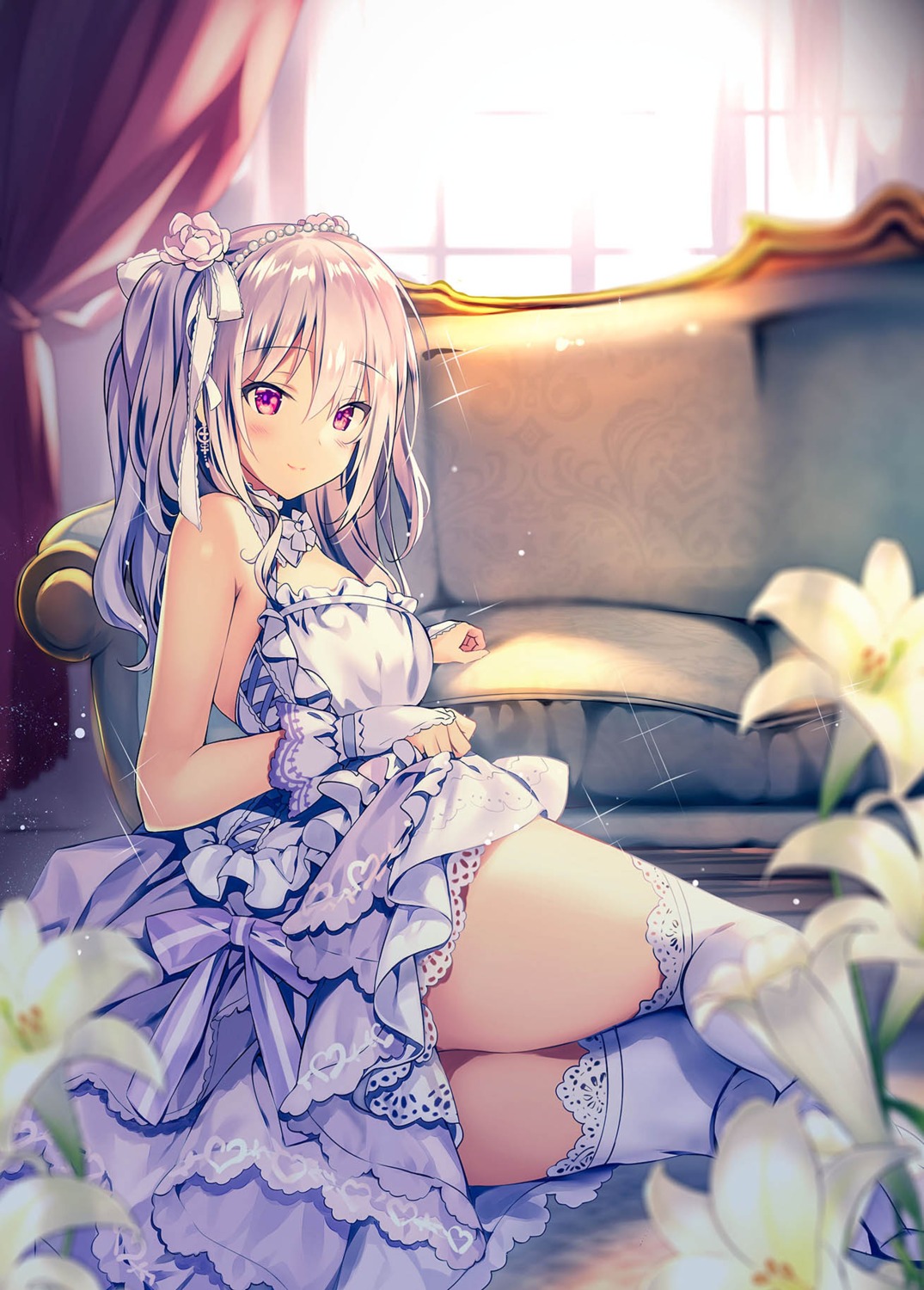 dress kanzaki_ranko rei skirt_lift the_idolm@ster the_idolm@ster_cinderella_girls thighhighs wedding_dress