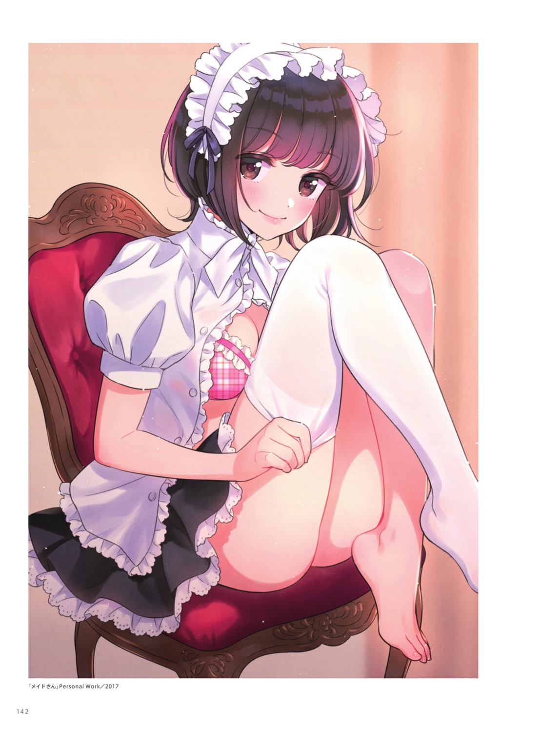 bra maid morikura_en open_shirt see_through skirt_lift thighhighs undressing