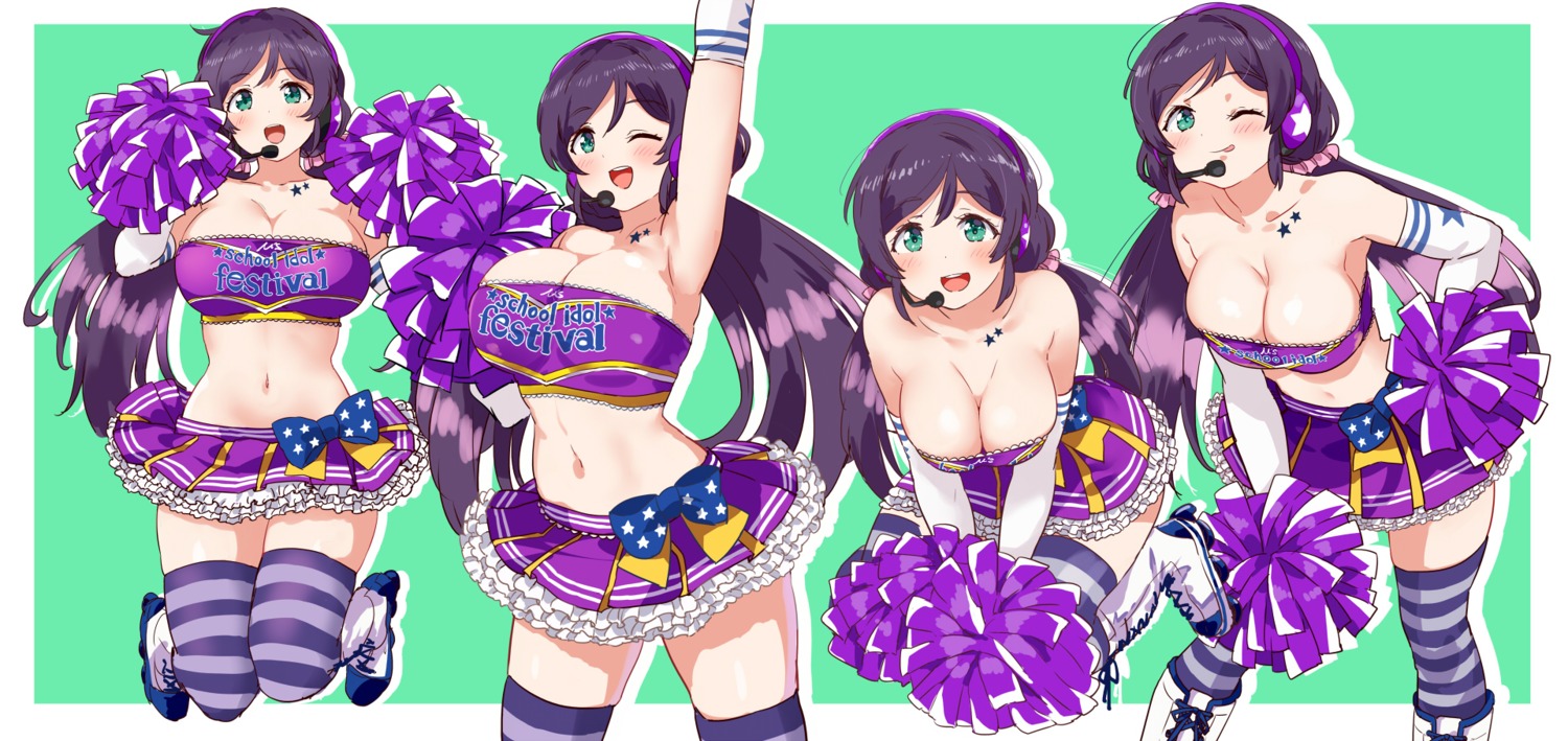 cheerleader cleavage headphones love_live! no_bra thighhighs toujou_nozomi