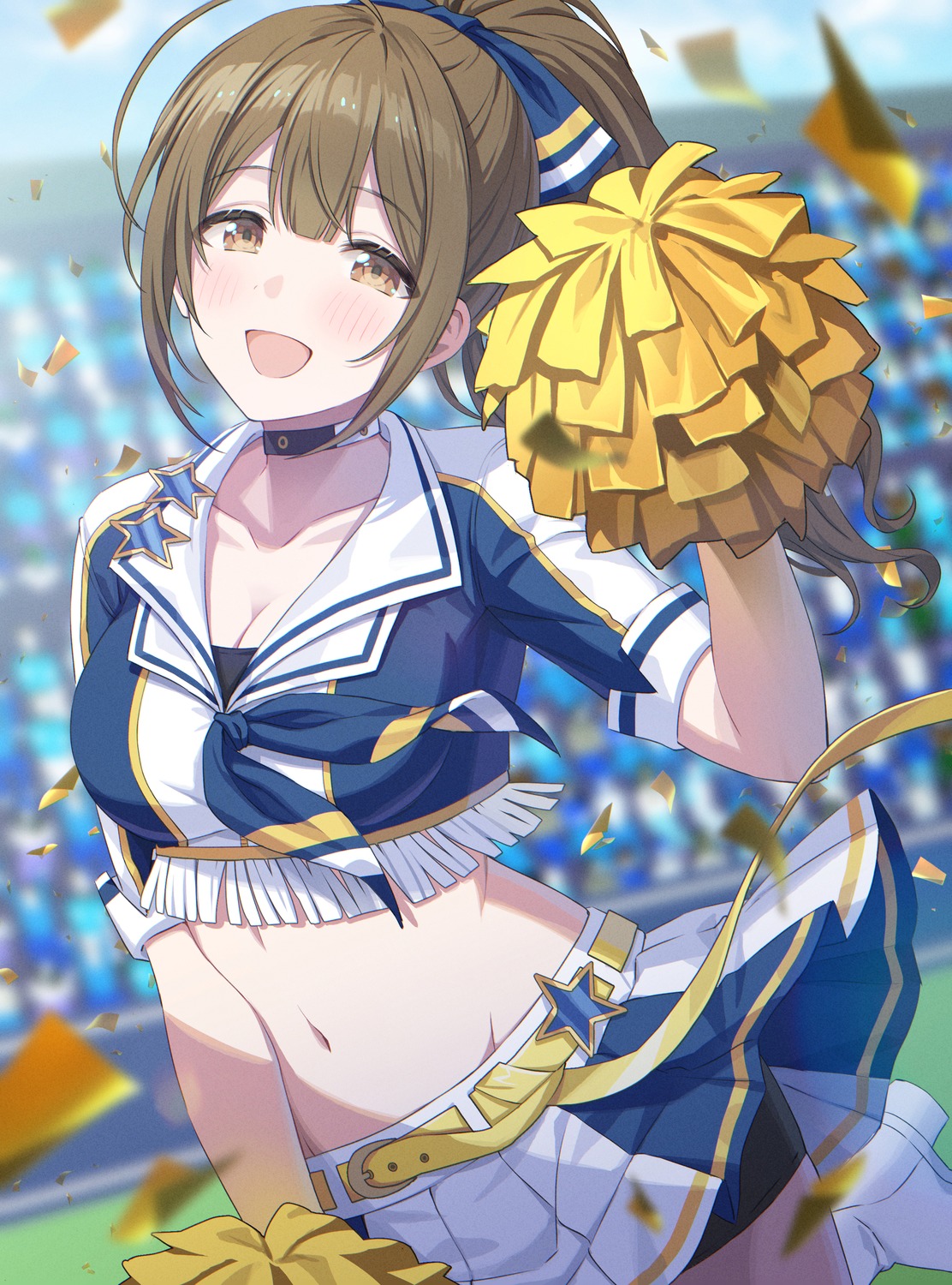 cheerleader cleavage kuwayama_chiyuki momoimon skirt_lift the_idolm@ster the_idolm@ster_shiny_colors