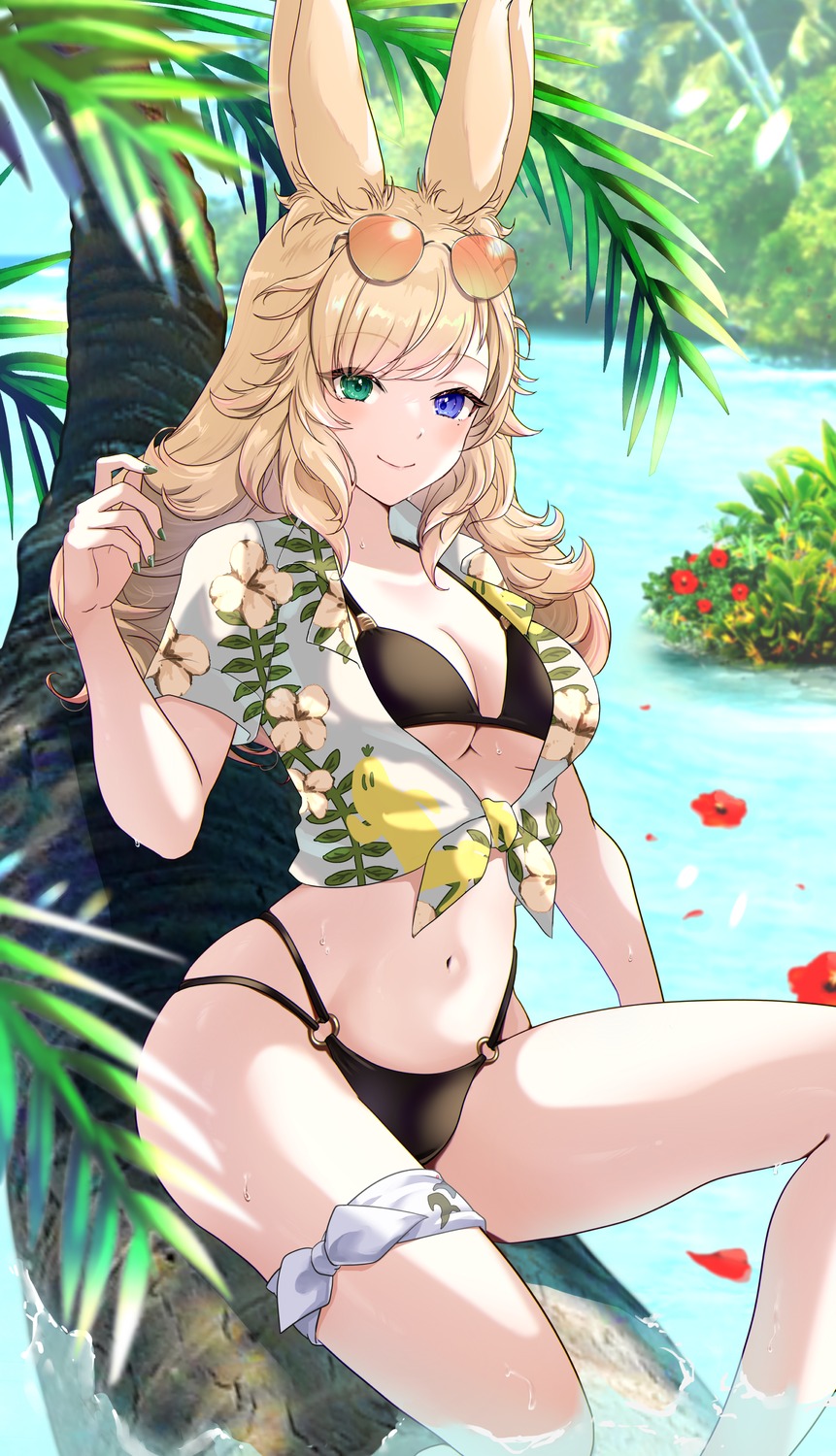 animal_ears bikini bunny_ears final_fantasy final_fantasy_xiv garter heterochromia kudoukudokudo megane open_shirt swimsuits viera wet