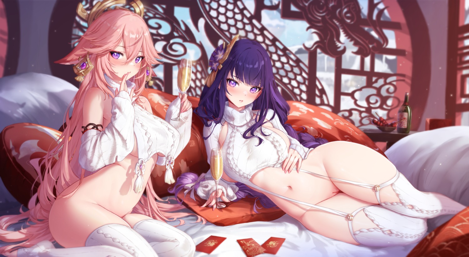 animal_ears bottomless genshin_impact kitsune mitsu_(mitsu_art) no_bra pussy raiden_shogun stockings sweater thighhighs uncensored yae_miko