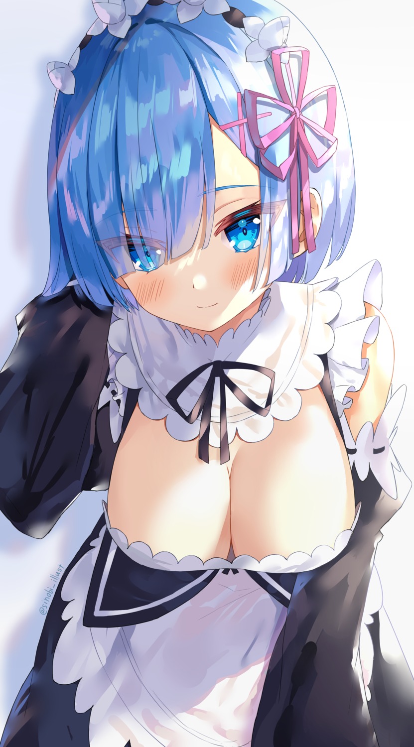 cleavage maid no_bra re_zero_kara_hajimeru_isekai_seikatsu rem_(re_zero) sinobi_illust