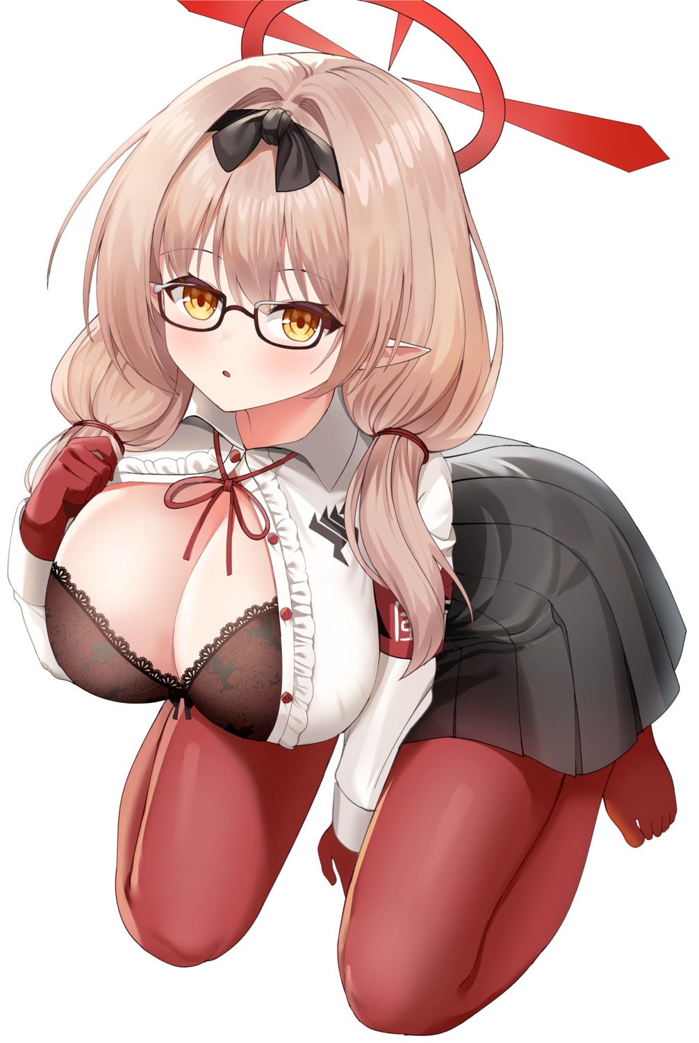 blue_archive bra halo hinomiya_chinatsu megane neko_lu_(wofud453) open_shirt pantyhose pointy_ears undressing uniform