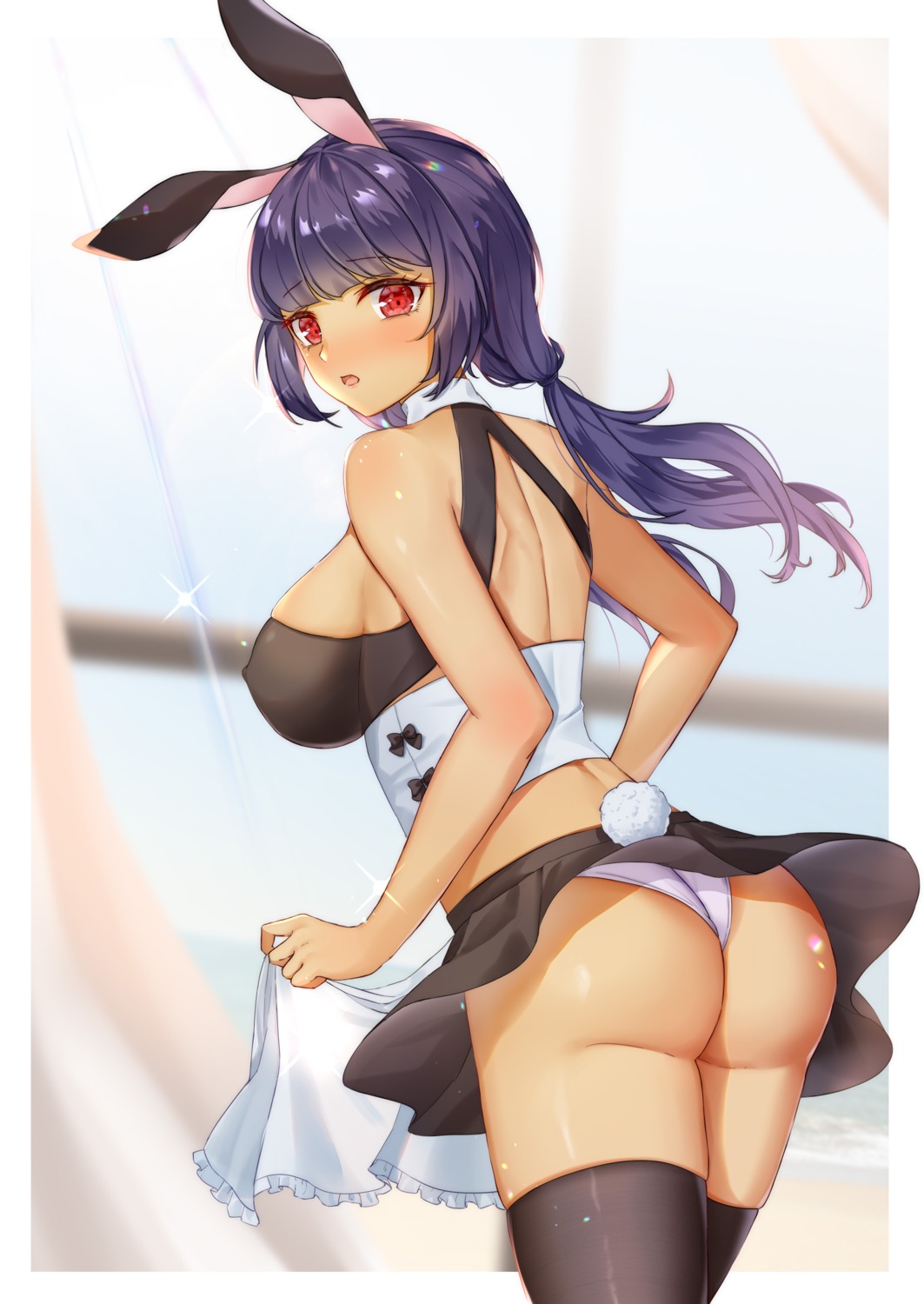 animal_ears ass bunny_ears erect_nipples linsuan_er_qing_an maid no_bra pantsu skirt_lift tail thighhighs thong