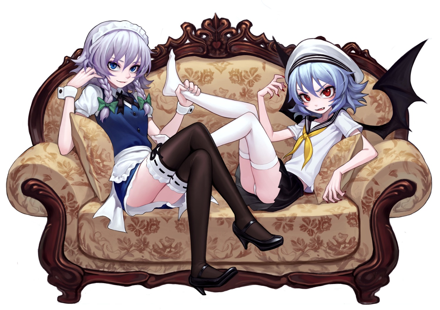 heels izayoi_sakuya maid pantsu remilia_scarlet seifuku thighhighs touhou wings zengxianxin