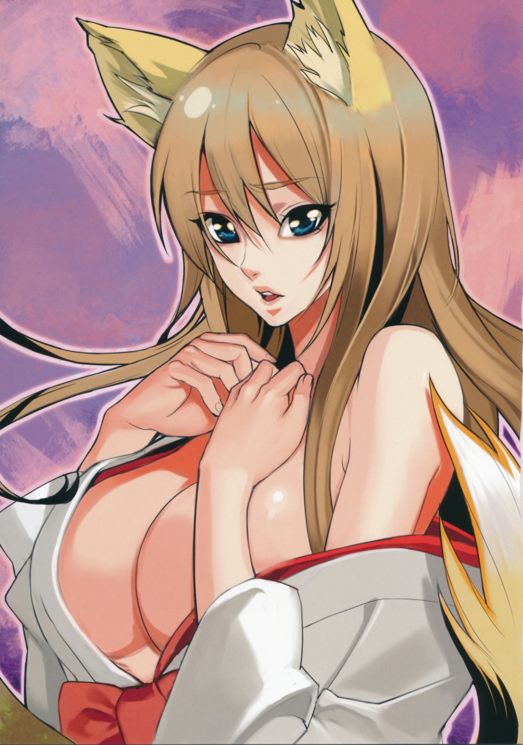 animal_ears cleavage inkey kitsune miko no_bra