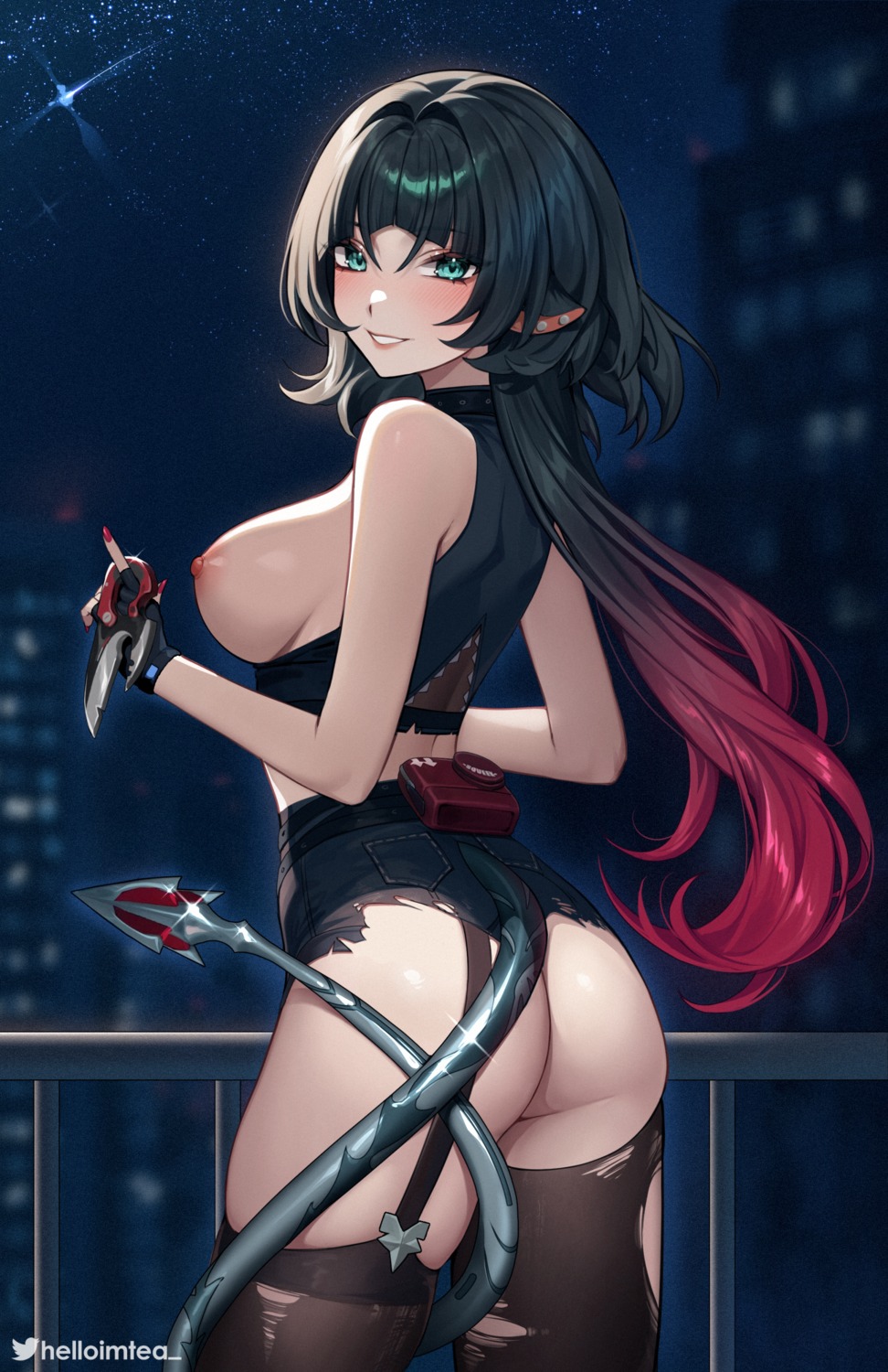 animal_ears ass breasts helloimtea jane_doe nipples no_bra nopan stockings tail thighhighs torn_clothes weapon zenless_zone_zero