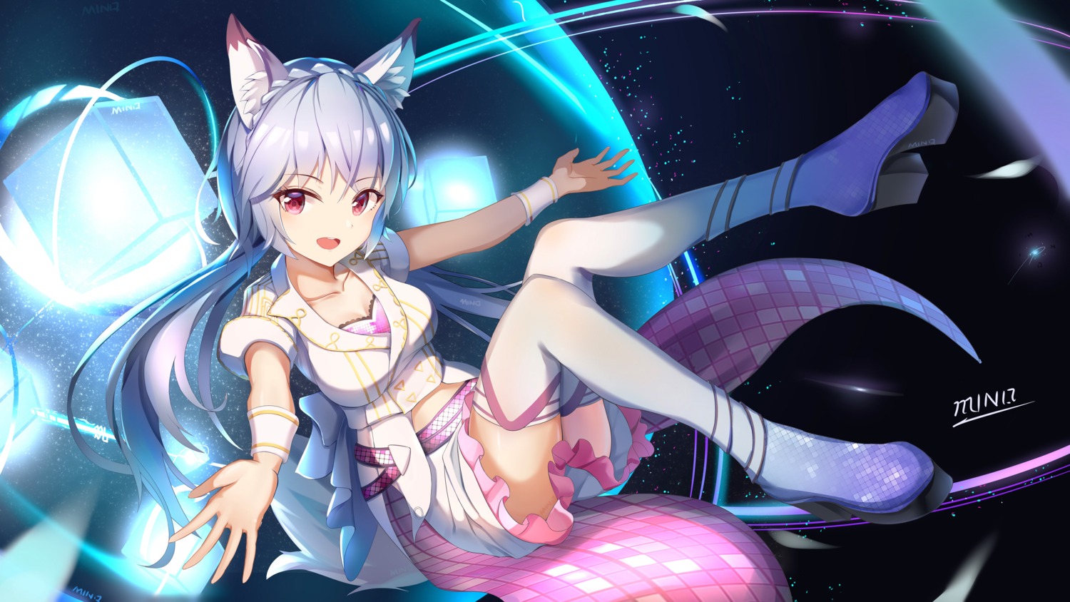 animal_ears cleavage heels jinguuji_tamamo minoominoomi revdol!_virtual_idols_next_to_you skirt_lift tail thighhighs