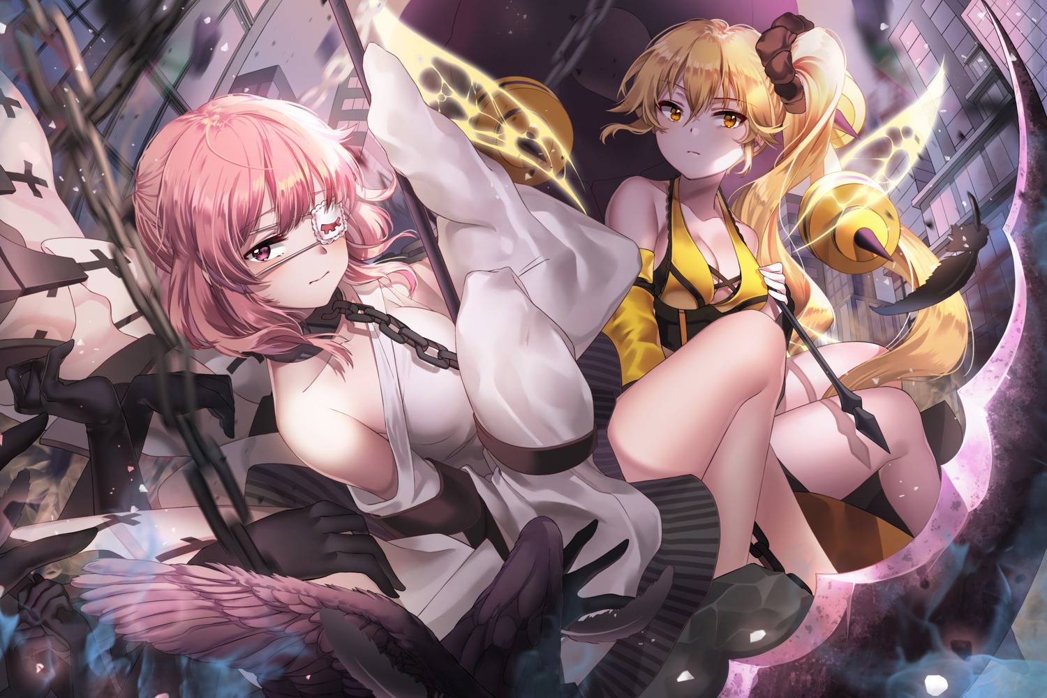 cleavage eyepatch forever_7th_capital kyjsogom rei_(forever_7th_capital) watari_(forever_7th_capital) weapon