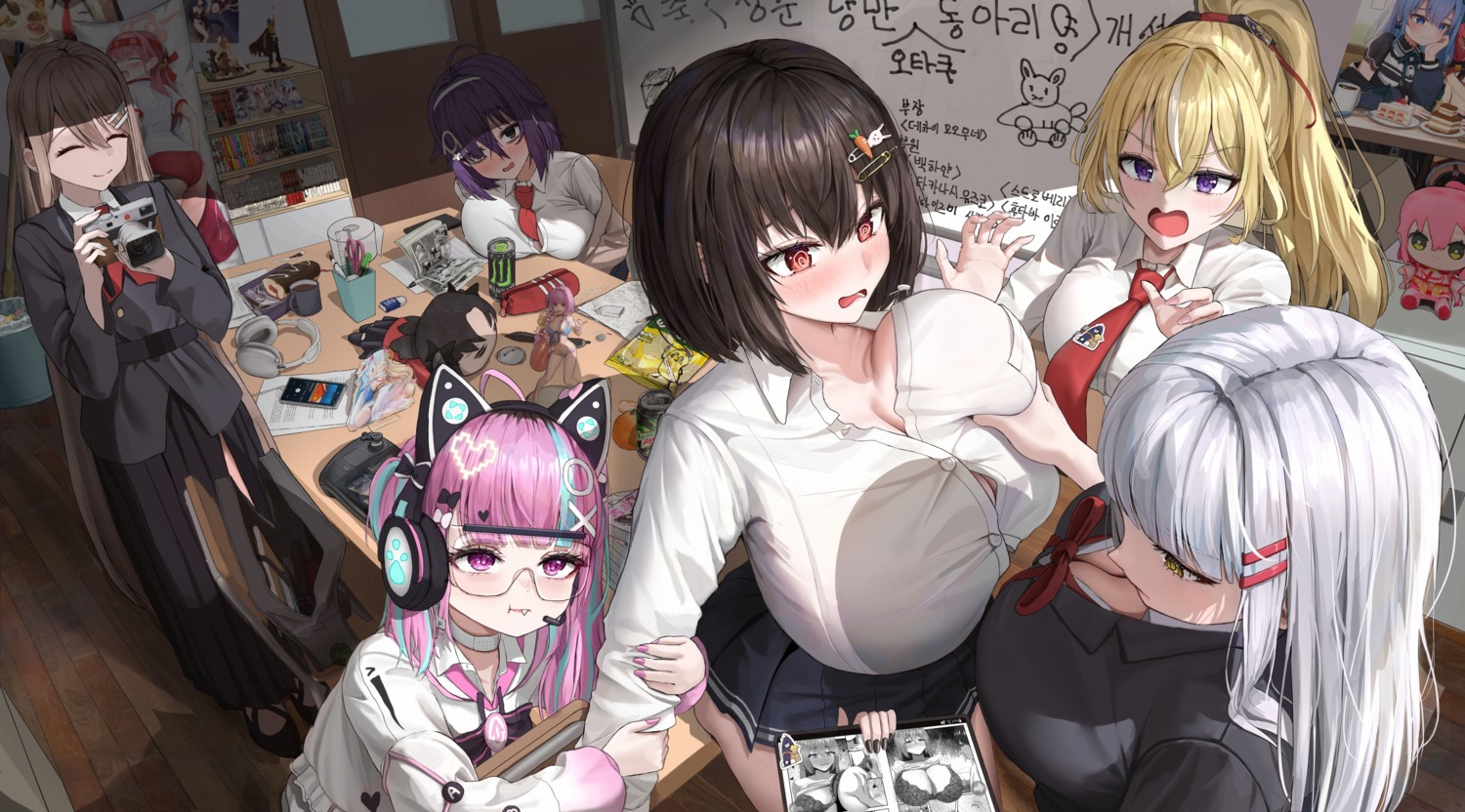 animal_ears boo_iro breast_grab headphones loli megane nekomimi seifuku yuri