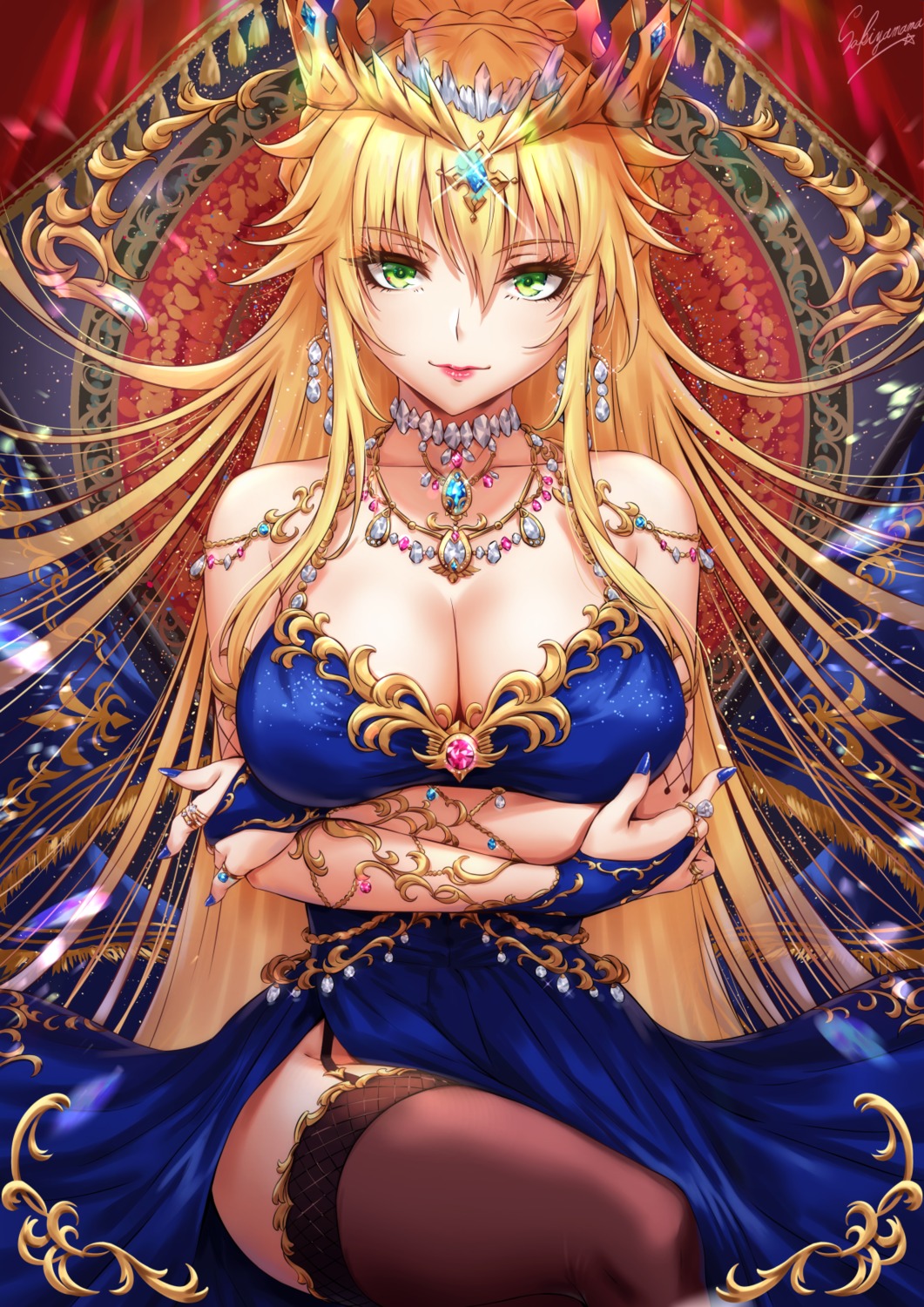 artoria_pendragon_(lancer) breast_hold dress fate/grand_order no_bra nopan sakiyamama skirt_lift stockings thighhighs