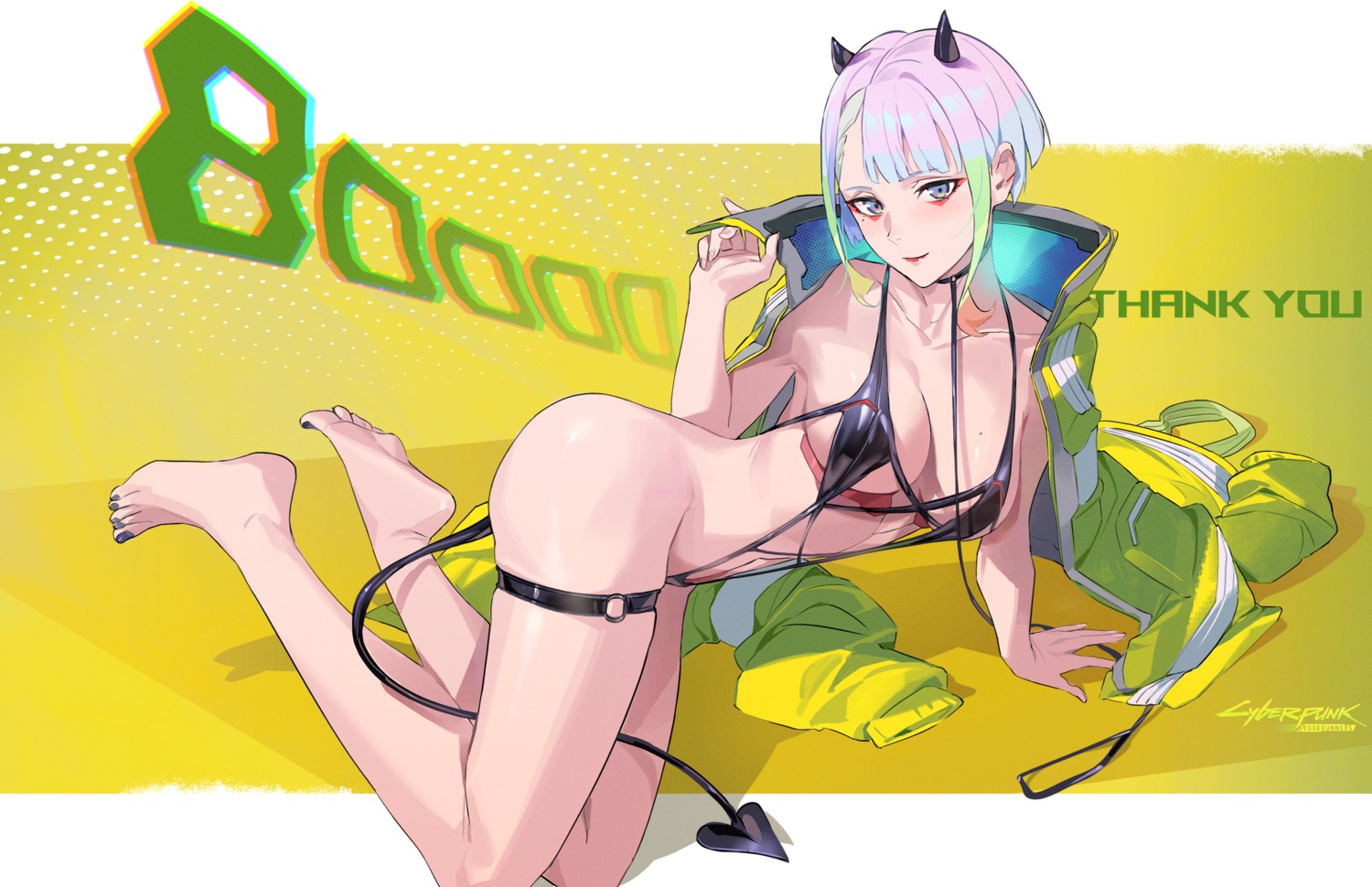 bigroll cyberpunk:_edgerunners cyberpunk_2077 devil garter horns lucy_(cyberpunk) mecha_musume sling_bikini swimsuits tail