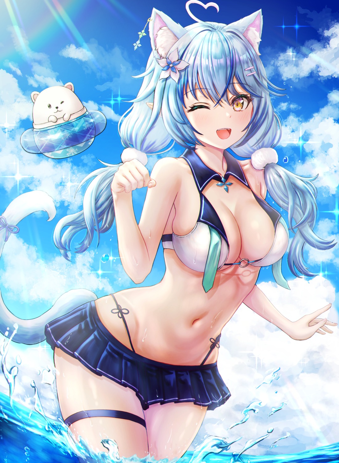 animal_ears artist_revision bikini elf garter hololive nekomimi pointy_ears swimsuits tail wajuniorbox wet yukihana_lamy