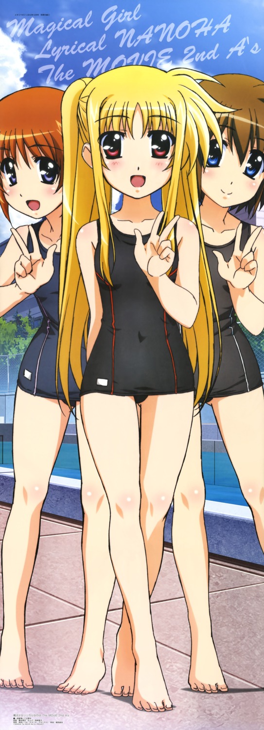 fate_testarossa hashimoto_takayoshi mahou_shoujo_lyrical_nanoha mahou_shoujo_lyrical_nanoha_a's mahou_shoujo_lyrical_nanoha_the_movie_2nd_a's school_swimsuit stick_poster swimsuits takamachi_nanoha yagami_hayate