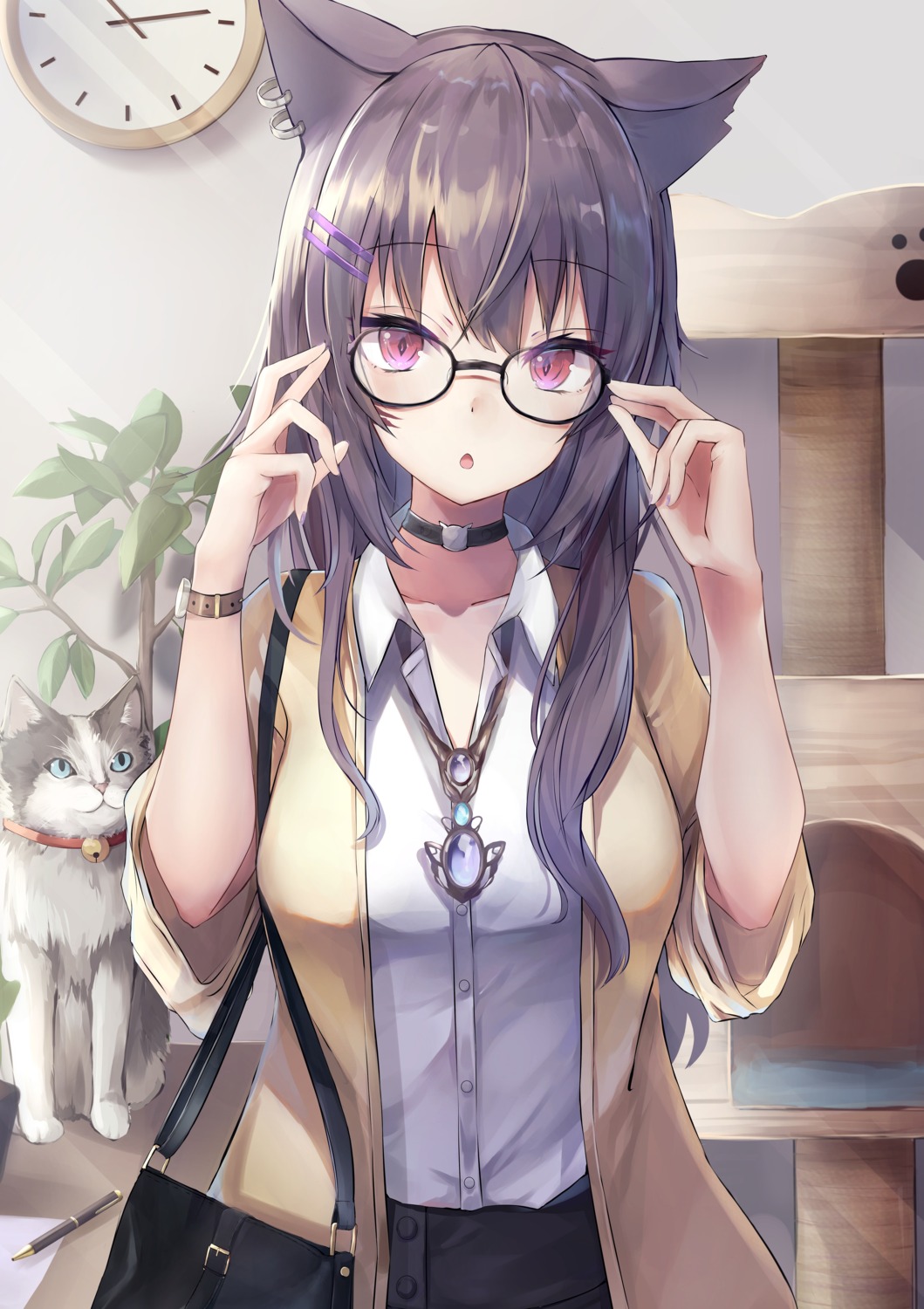 animal_ears dress_shirt kurohikage megane neko nekomimi