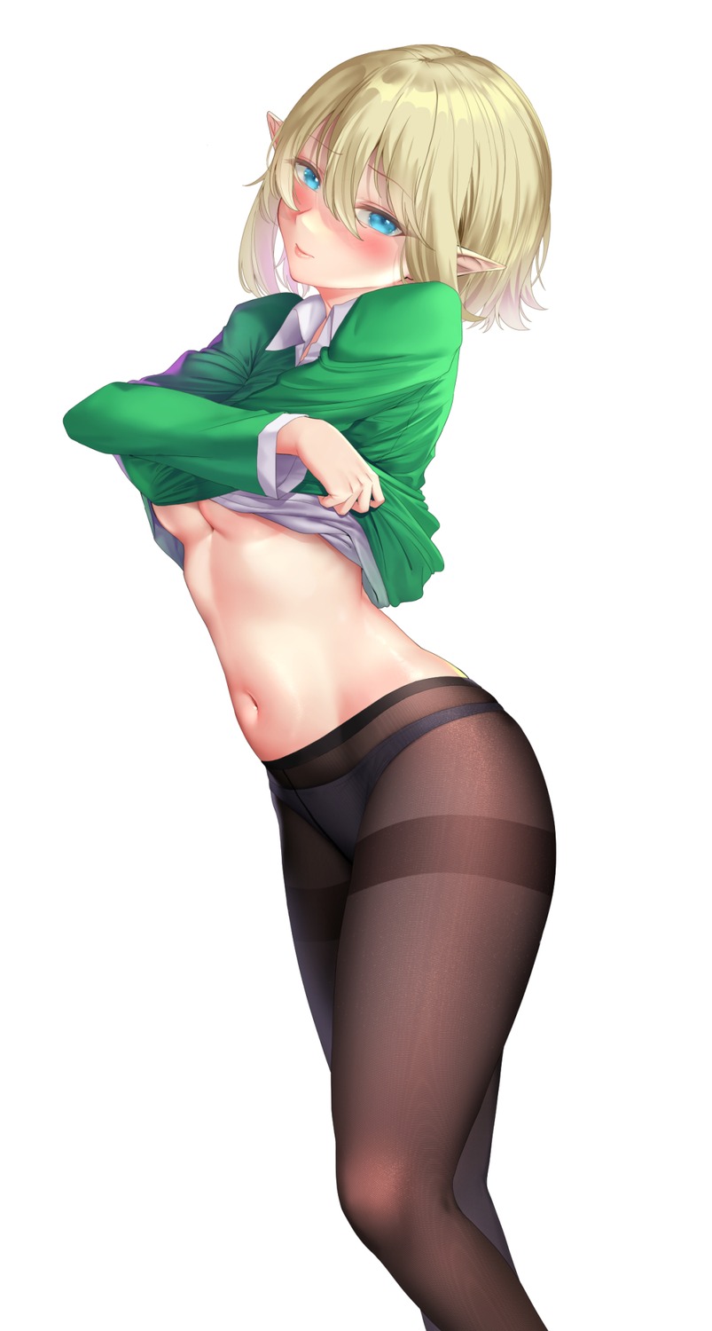 knsei no_bra pantsu pantyhose pointy_ears shirt_lift underboob