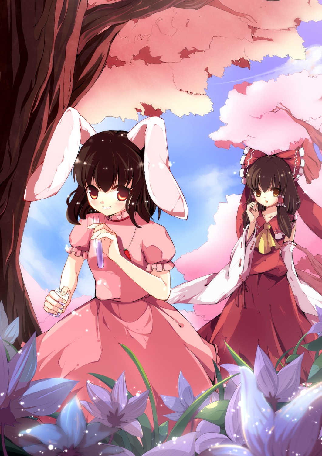 animal_ears bunny_ears dress hakurei_reimu inaba_tewi pandako touhou