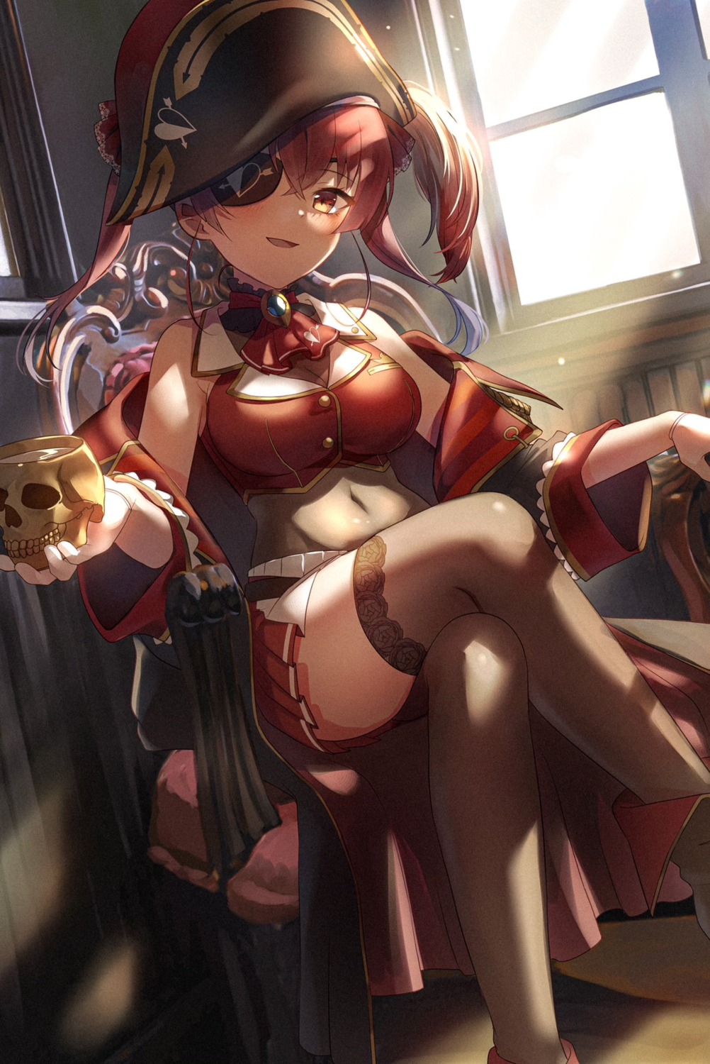 eto_sister eyepatch hololive houshou_marine pirate skirt_lift thighhighs