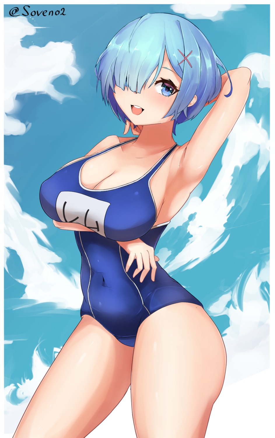 breast_hold cleavage re_zero_kara_hajimeru_isekai_seikatsu rem_(re_zero) school_swimsuit soveno swimsuits