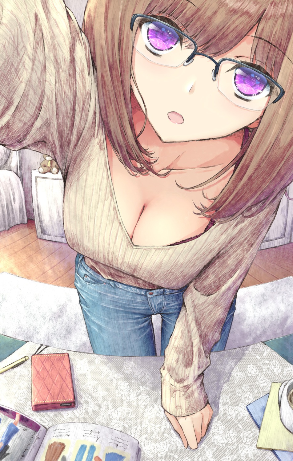 aramachi bra cleavage megane open_shirt sweater