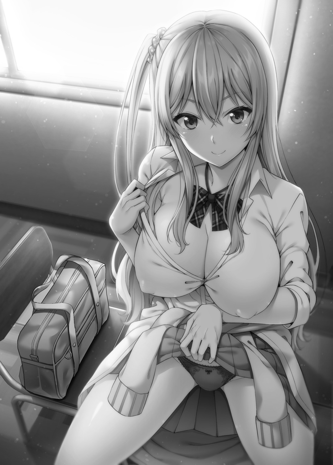 breast_hold cleavage digital_version erect_nipples fujiya monochrome nectar-ii no_bra open_shirt pantsu seifuku skirt_lift sweater undressing