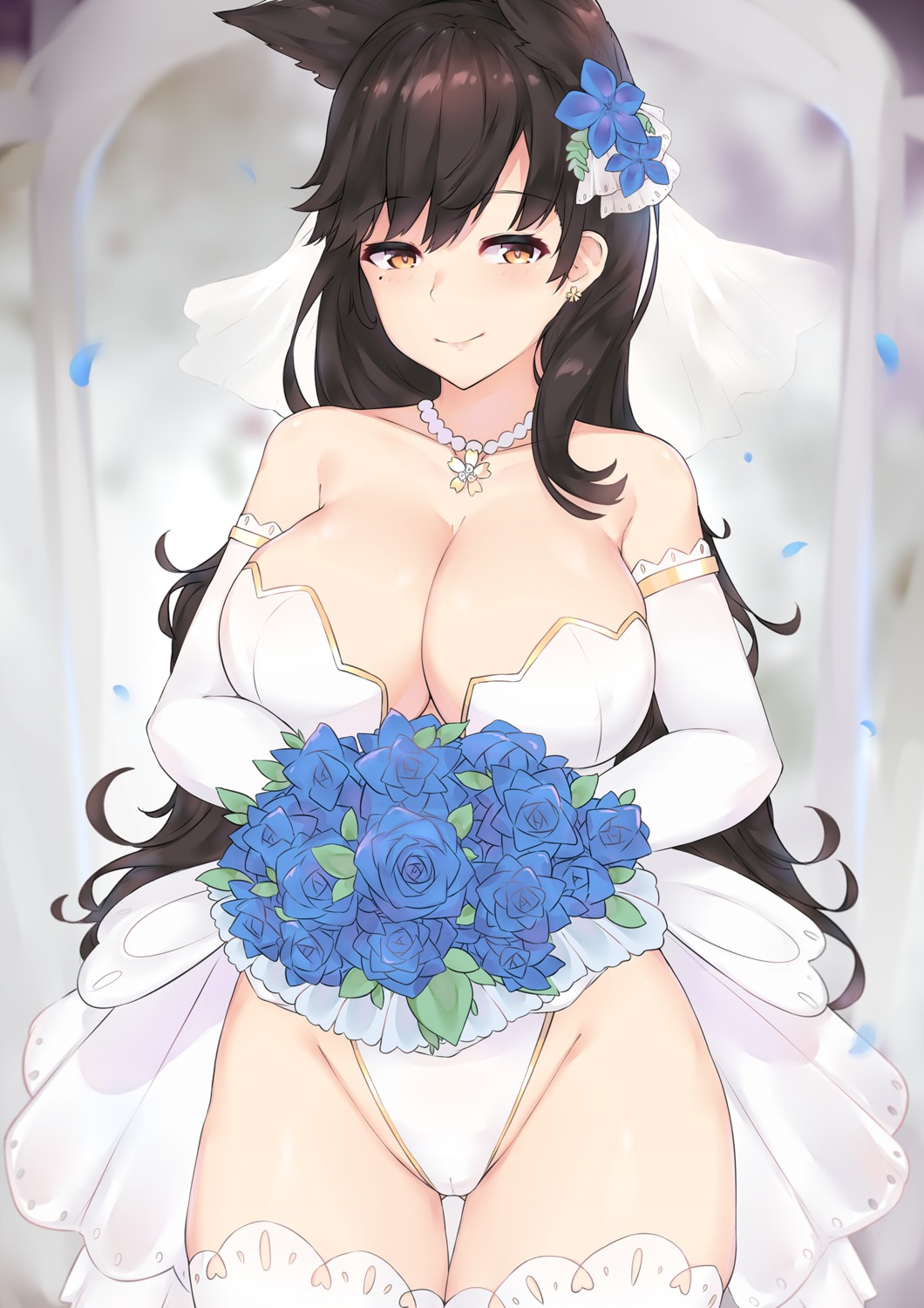 animal_ears atago_(azur_lane) azur_lane cleavage dress kuavera pantsu thighhighs wedding_dress