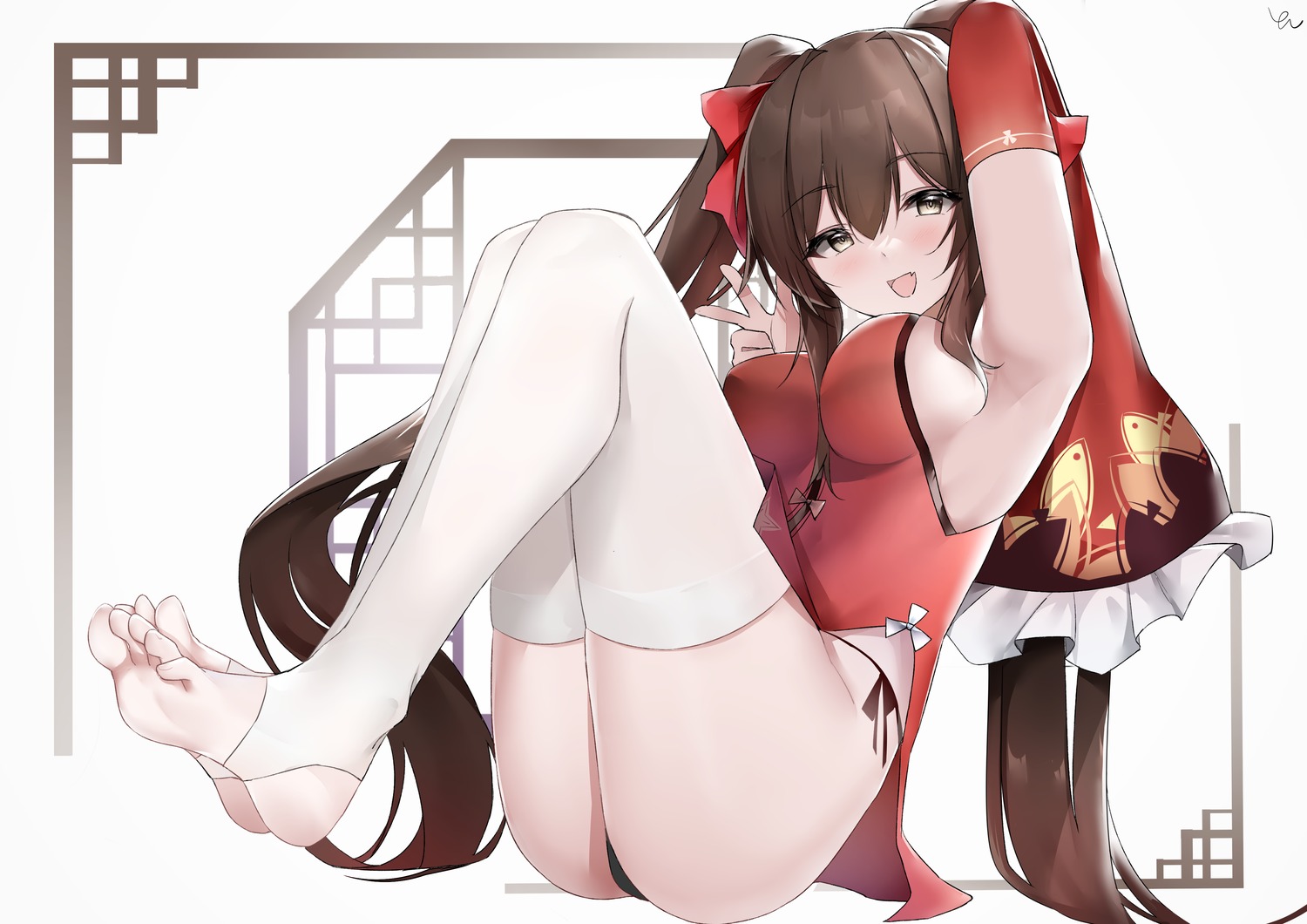 chinadress feet girls_frontline no_bra pantsu qbz-97_(girls_frontline) skirt_lift string_panties thighhighs thong yanwulazy