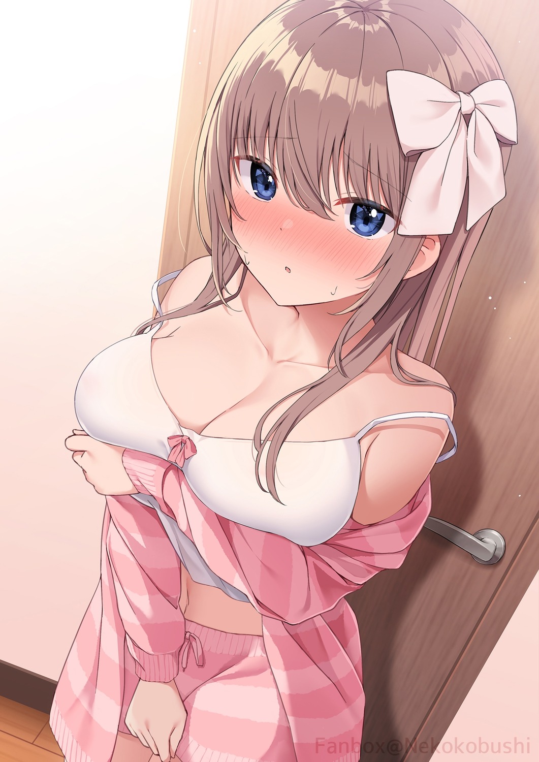 breast_hold cleavage lingerie nekokobushi no_bra pajama wardrobe_malfunction watermark