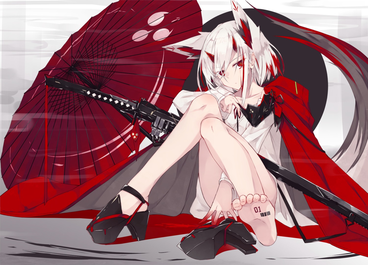 animal_ears blood feet heels horns nagishiro_mito sword tattoo umbrella