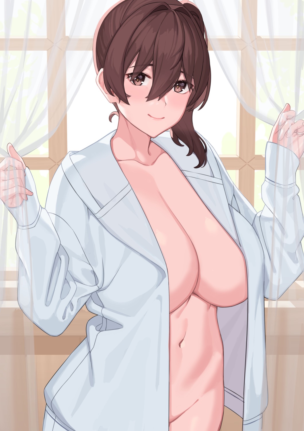 bottomless dress_shirt franham kaga_(kancolle) kantai_collection no_bra open_shirt