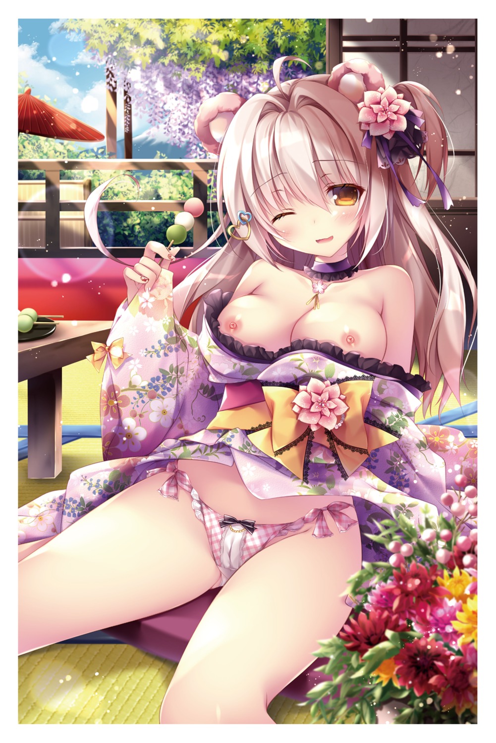 animal_ears breasts cameltoe japanese_clothes nanaroba_hana nipples no_bra open_shirt pantsu skirt_lift string_panties