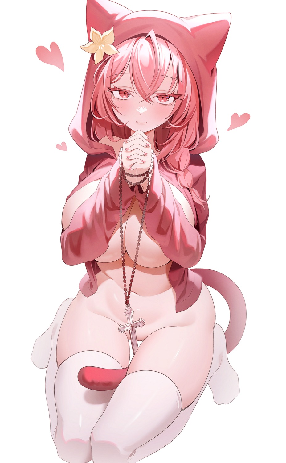 animal_ears bottomless breast_hold breasts nekomimi no_bra nun open_shirt pinkmarine tail thighhighs