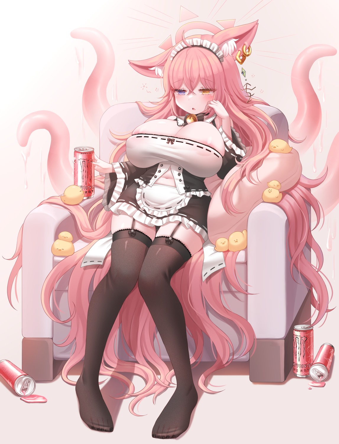 animal_ears areola heterochromia honyang maid nekomimi no_bra stockings tentacles thighhighs