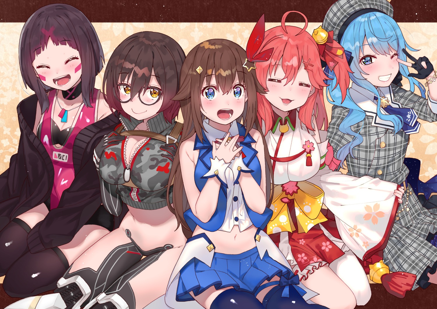 azki_(hololive) bra breast_hold cleavage hololive hoshimachi_suisei japanese_clothes megane open_shirt roboco-san sakura_miko thighhighs tokino_sora tonarikeru