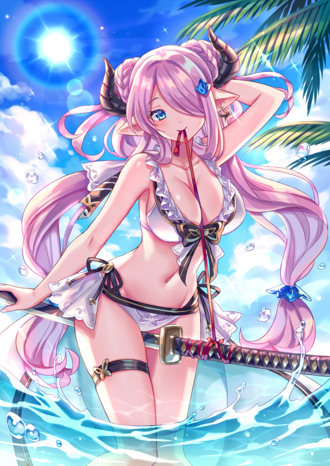 bikini cleavage garter granblue_fantasy horns narumeia_(granblue_fantasy) pointy_ears swimsuits sword wet zoff_(daria)