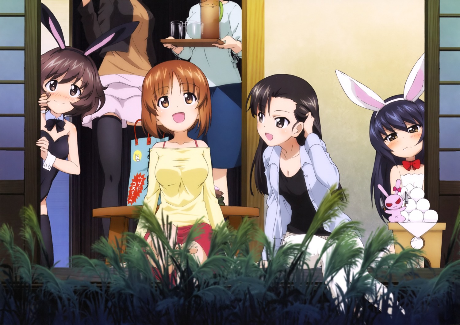 akiyama_yukari animal_ears bunny_ears bunny_girl cleavage girls_und_panzer nishi_kinuyo nishizumi_miho reizei_mako thighhighs